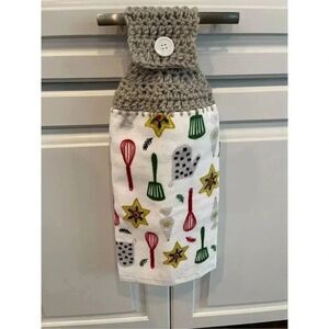 Crochet Top Kitchen Towel- Baking Christmas Cookies Kitchen Utensils